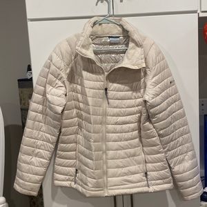 Columbia white puffer jacket; women’s XL.